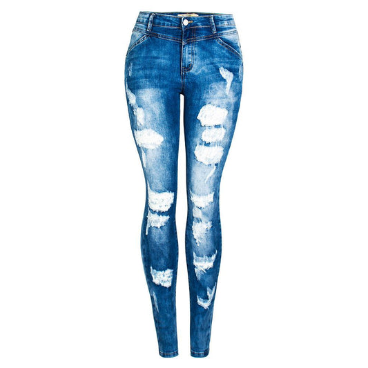 CurveFit Distressed Denim Jeans with stone-washed blue fabric and slim fit design, featuring distressed detailing for a trendy look.