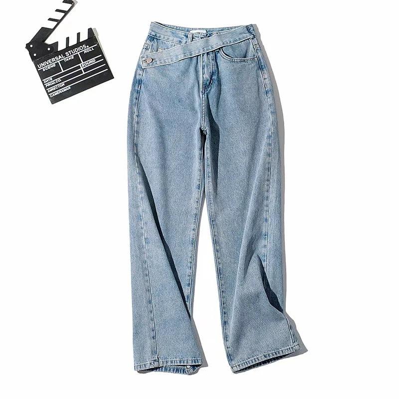 Retro Oblique Belted High Waist Straight Wide Leg Jeans for Cowgirls, high-quality denim, stylish cowgirl fashion.