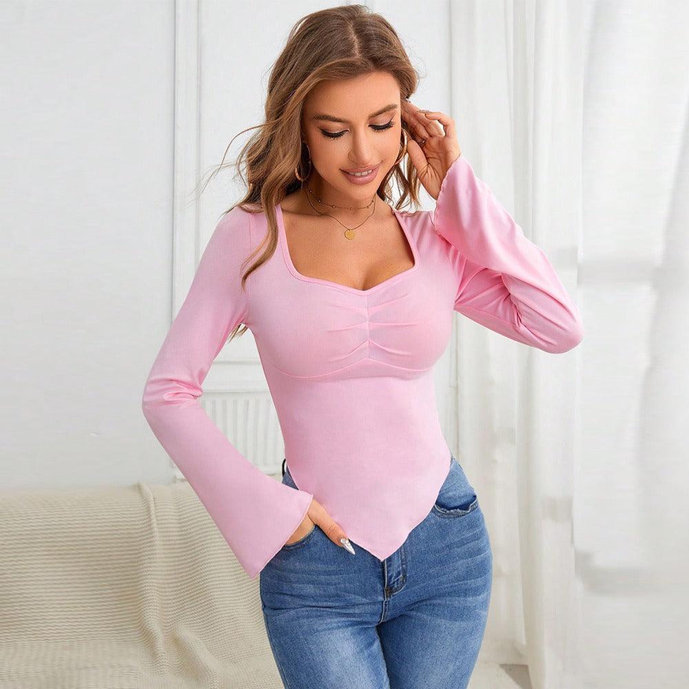 Woman wearing Slim Fit Knitted Long-Sleeved T-Shirt Top, Casual Country Girl Style for Spring & Summer in solid pink.