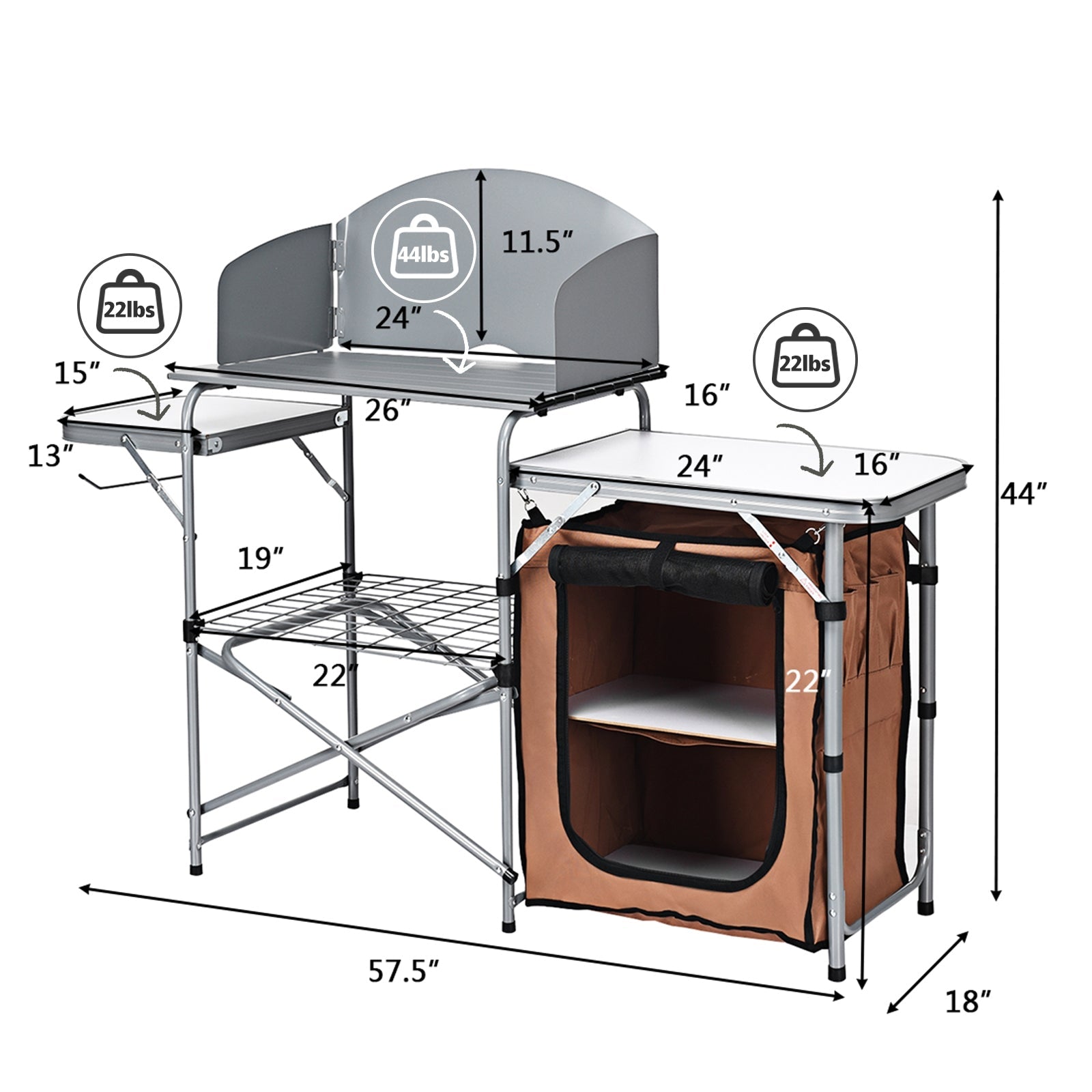 Foldable Outdoor BBQ Portable Grilling Table With Windscreen Bag featuring aluminum frame and storage compartments.