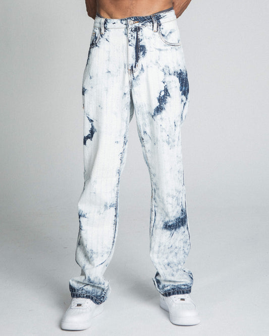 AJ01L-1 DARK BLUE/WHITE TIE DYE THREAD LINE LOOSE JEANS with mid-rise waist and straight-leg design, featuring five-pocket style.
