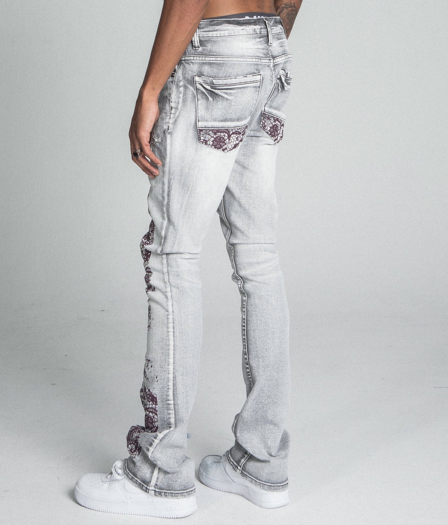 AJ27SK LACE FADED WASH STACKED JEANS, mid rise stretchy denim, lace detail, back view, five-pocket design