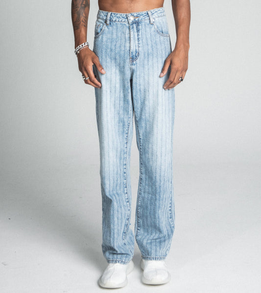 AJ01L-2 CLASSIC BLUE THREAD LINE LOOSE JEANS with straight-leg design, featuring mid-rise waist, five-pocket style, and thread line detail.