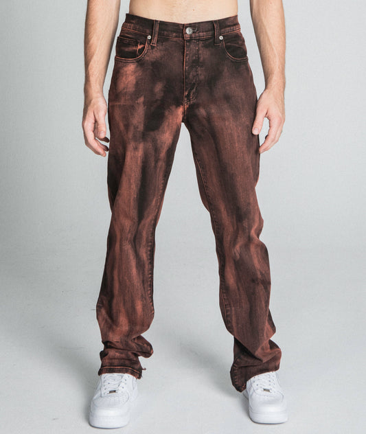 AJ05ST BROWN WASHED STRAIGHT JEANS with mid-rise waist and five-pocket design, modeled on person, white shoes, front view