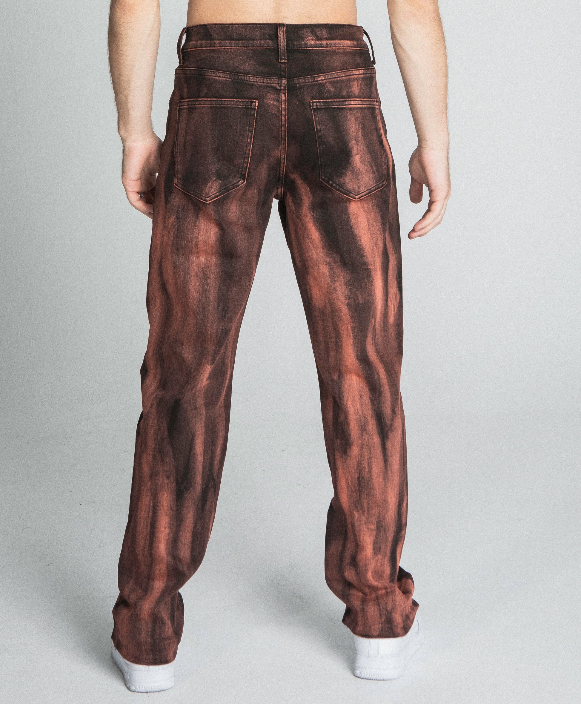 Back view of AJ05ST BROWN WASHED STRAIGHT JEANS featuring five-pocket design, mid-rise waist, and straight leg, made of 100% cotton.