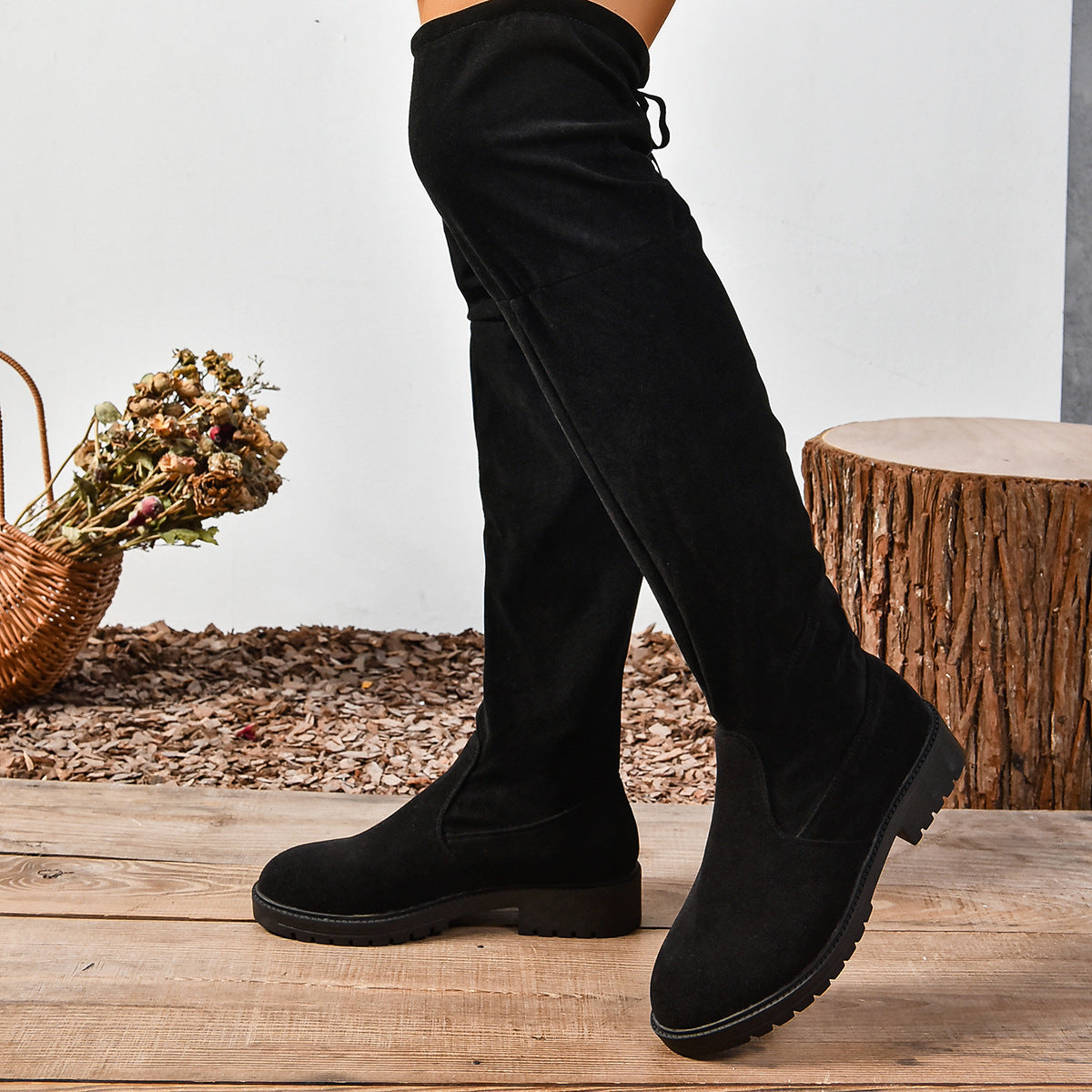Women’s Elastic Knee-High Boots – Thick Sole Solid Color Fashion Boots displayed for style and comfort.