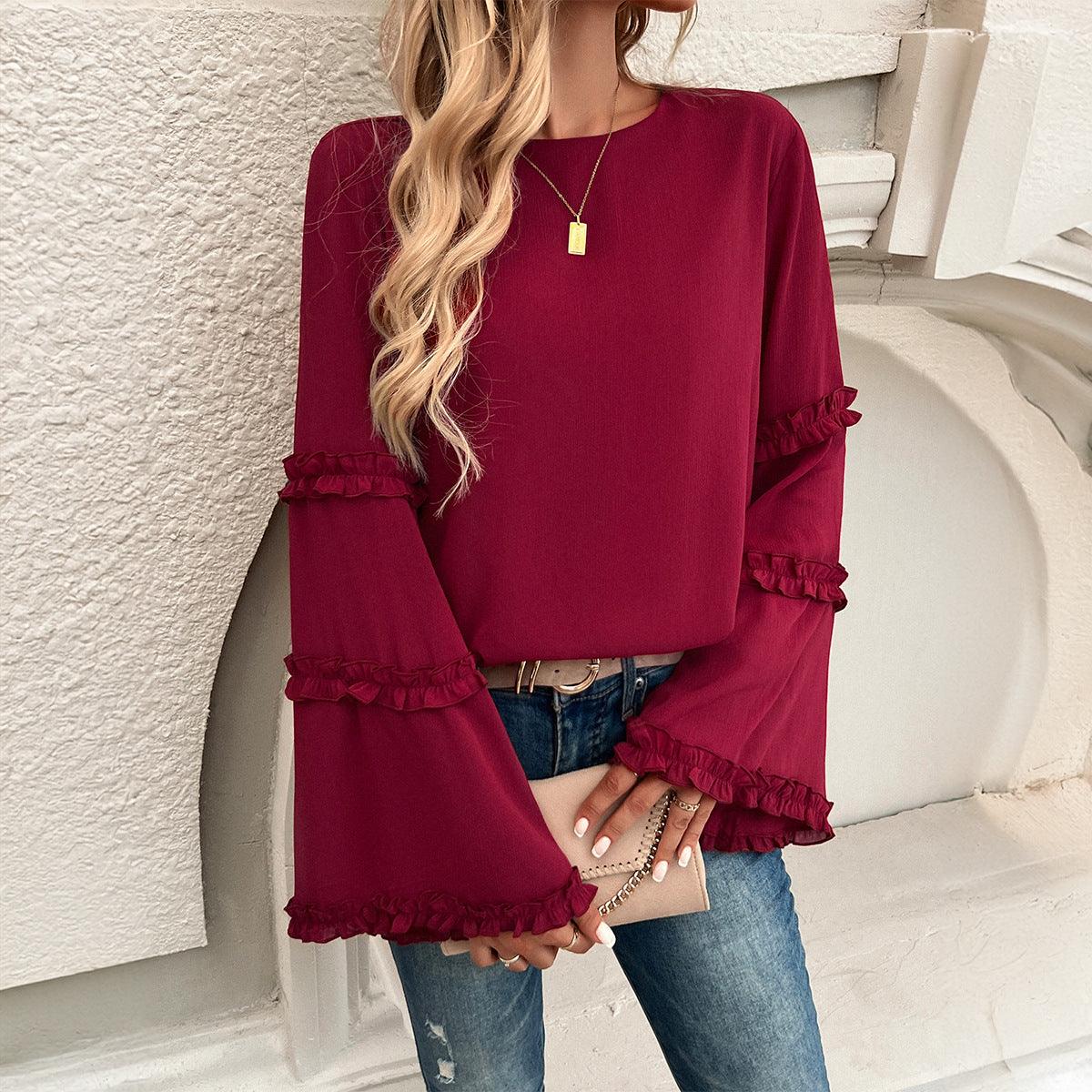 Elegant Socialite Trumpet Sleeved Top – Stylish Ruffled Blouse for Trendy Women in rich burgundy with dramatic ruffle details.