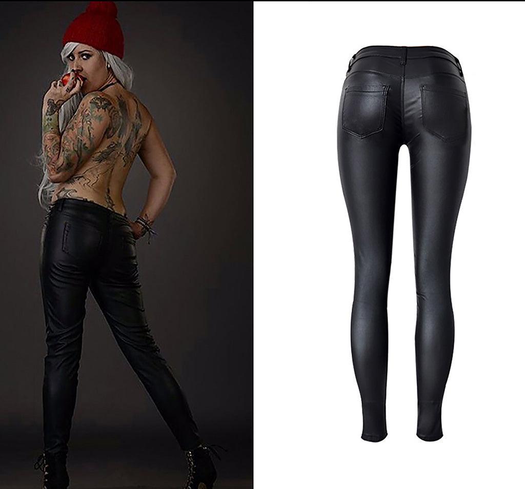 Rebel Rider Multi-Zip Skinny Motorcycle Pants - Edgy Street Style & Bold Fit in shiny black simulated leather with pleated accents.