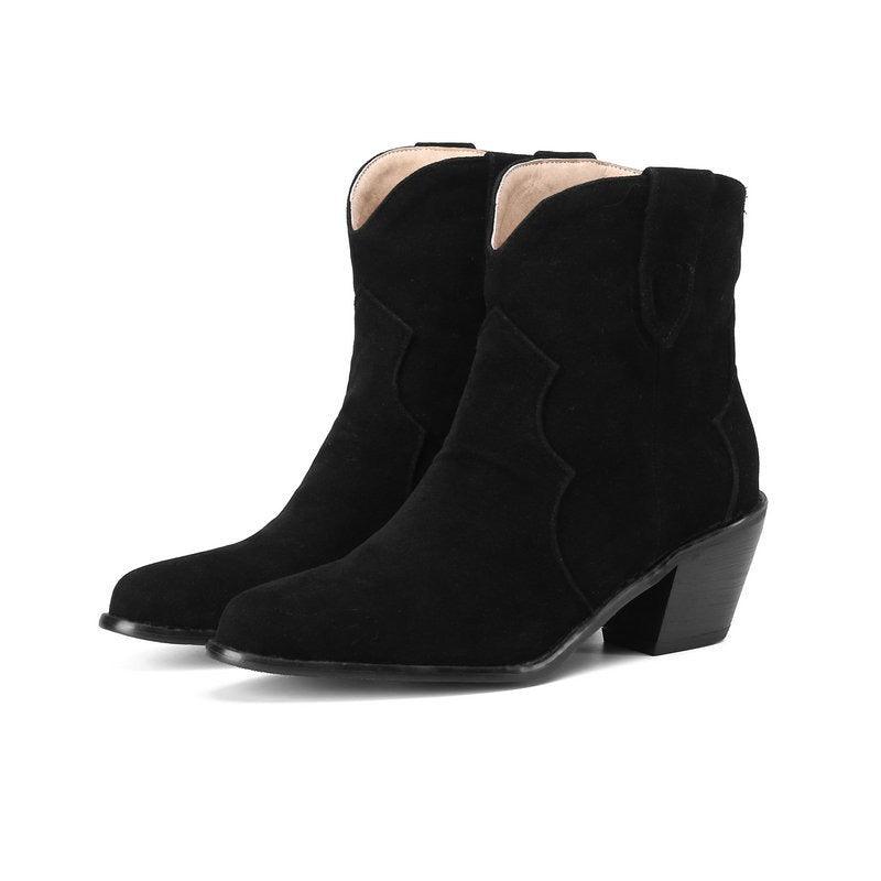 Cowgirl Chic Suede Ankle Boots - Stylish High Heel Cowgirl Boots for Women, black suede with 3-inch heel and round toe design.