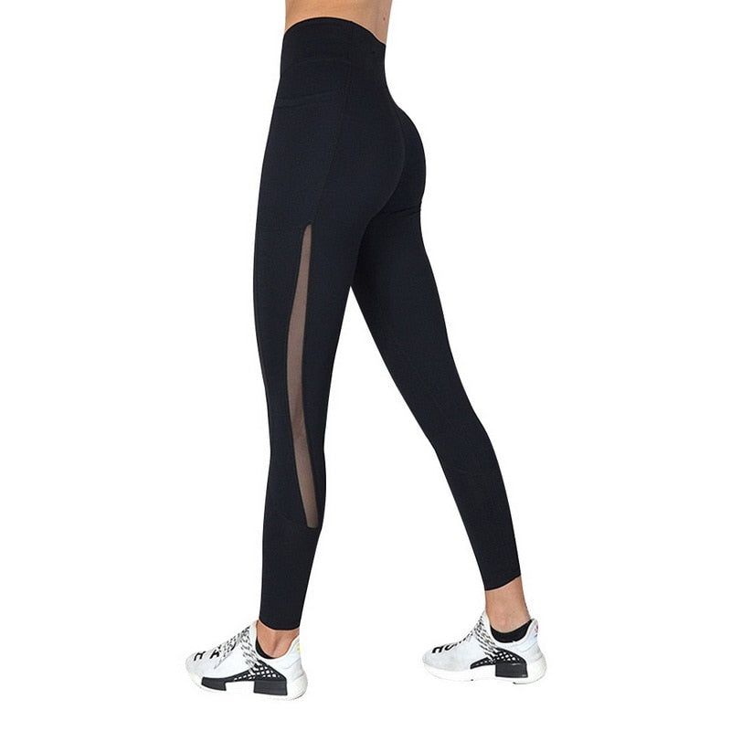 Side view of Yoga Leggings with Phone Pocket featuring spliced pattern and breathable mesh details.