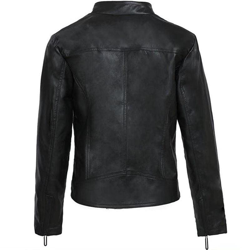 Back view of Black Leather Motorcycle Jacket | Stylish and Warm for Bikers & Nightlife, showcasing sleek design and quality material.