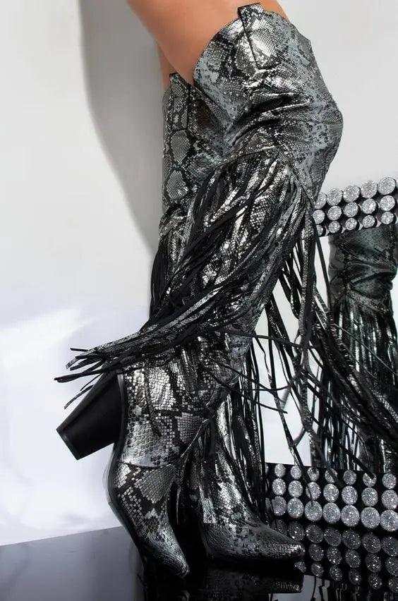 Vintage Fringe Over-the-Knee Boots with snake pattern and fringe detailing, featuring a 3.25-inch chunky heel for bold, stylish look.