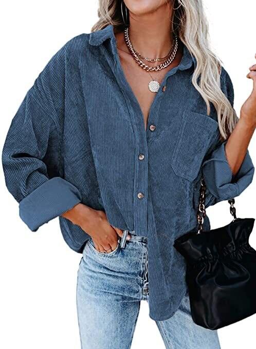 Corduroy Country Chic Shirt – Stylish Single-Breasted Cowgirl Shirt in blue, worn casually with jeans and black handbag.
