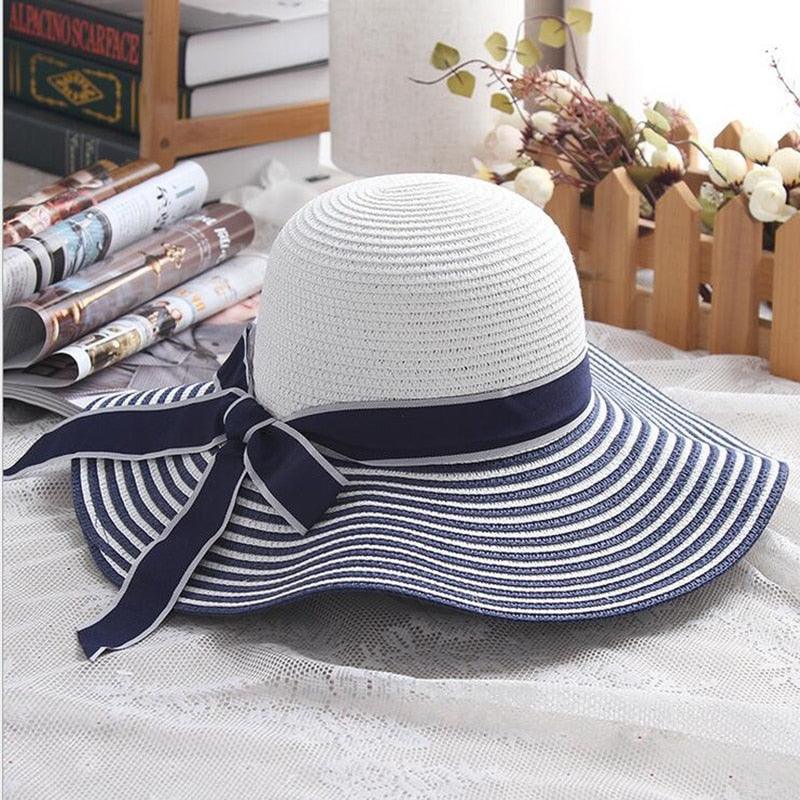 Audrey Hepburn Inspired Sun Hat – Elegant and Stylish for Cowgirl Women, featuring black-and-white stripes and ribbon bow.
