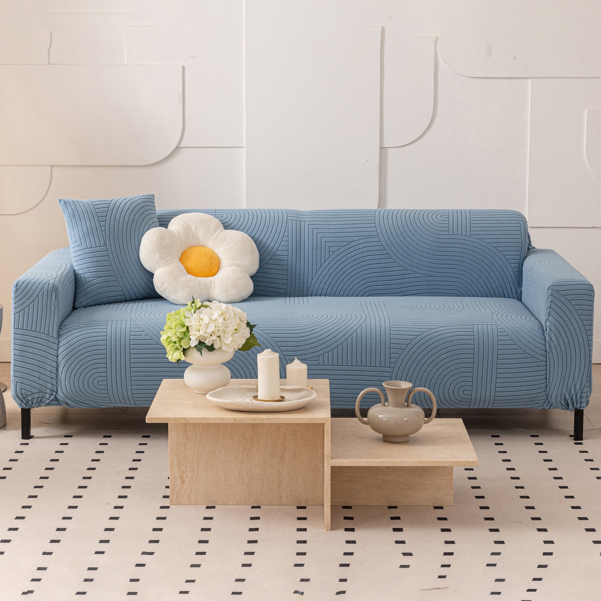 Fleece Stretch Sofa Slipcover Washable Soft Spandex Couch Cover Furniture Protector with geometric wave pattern in living room