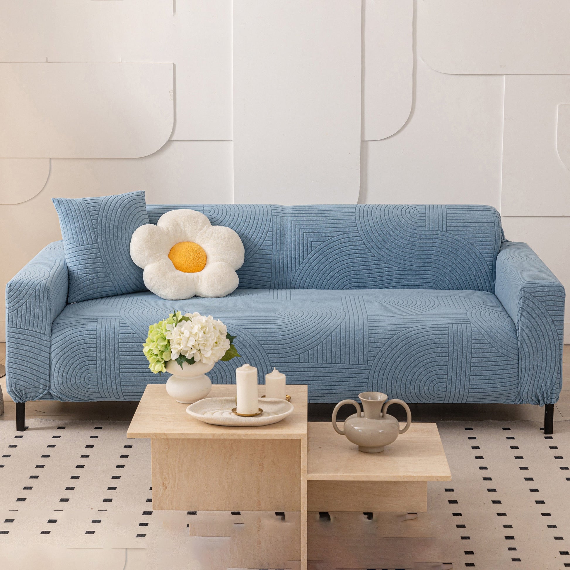 Fleece Stretch Sofa Slipcover Washable Soft Spandex Couch Cover Furniture Protector with geometric wave pattern and cozy design