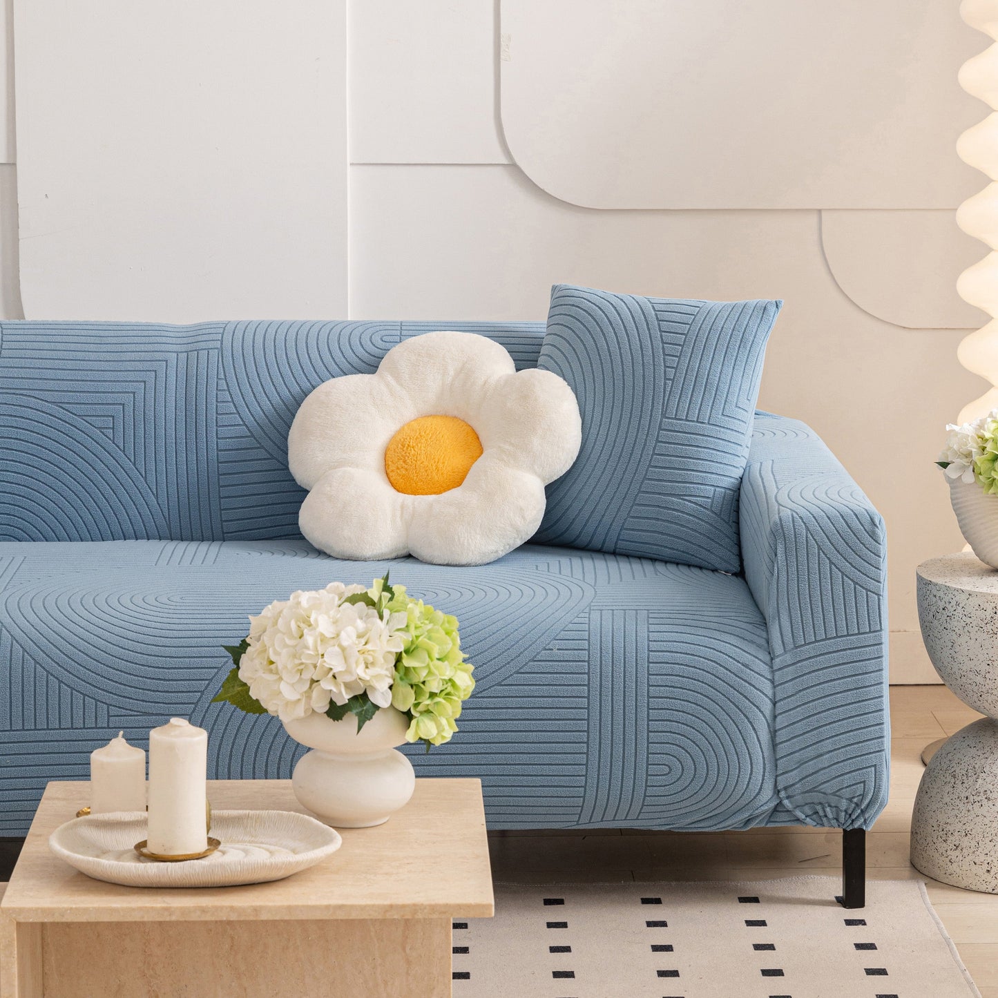Blue geometric wave fleece stretch sofa slipcover washable soft spandex couch cover furniture protector with flower pillow.