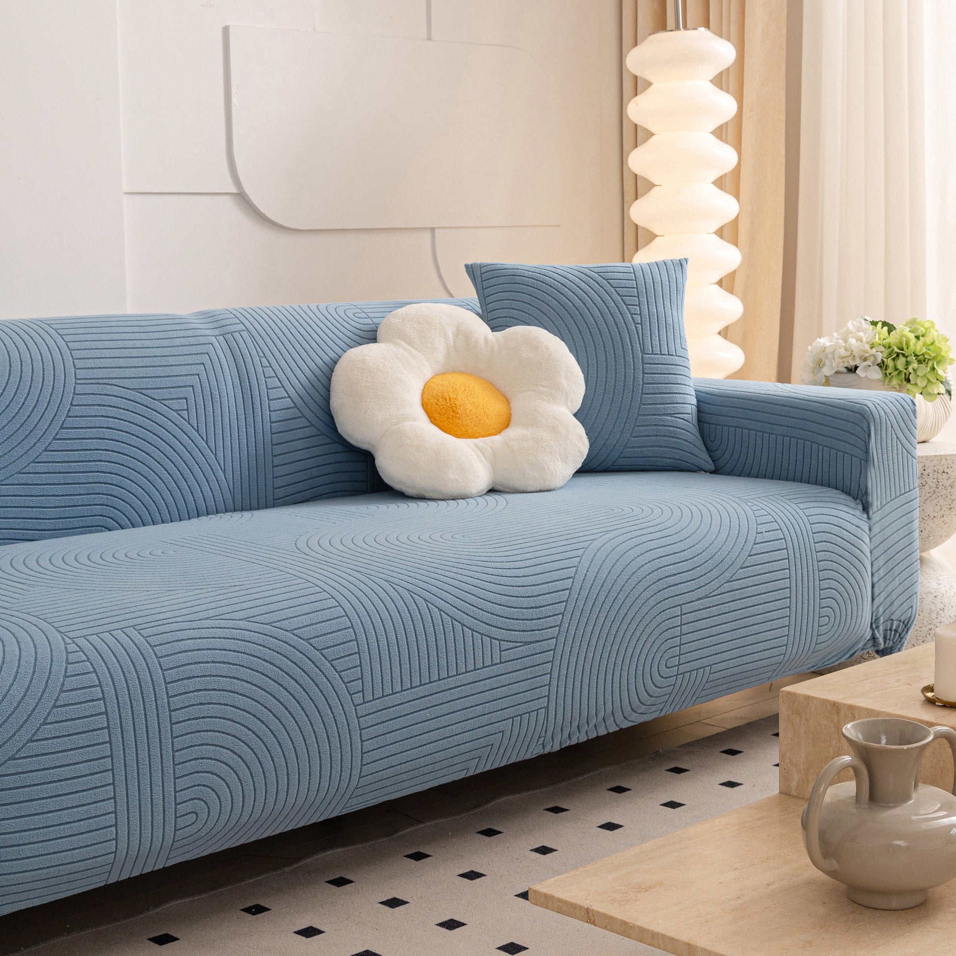 Fleece Stretch Sofa Slipcover Washable Soft Spandex Couch Cover Furniture Protector with geometric wave pattern on blue sofa.