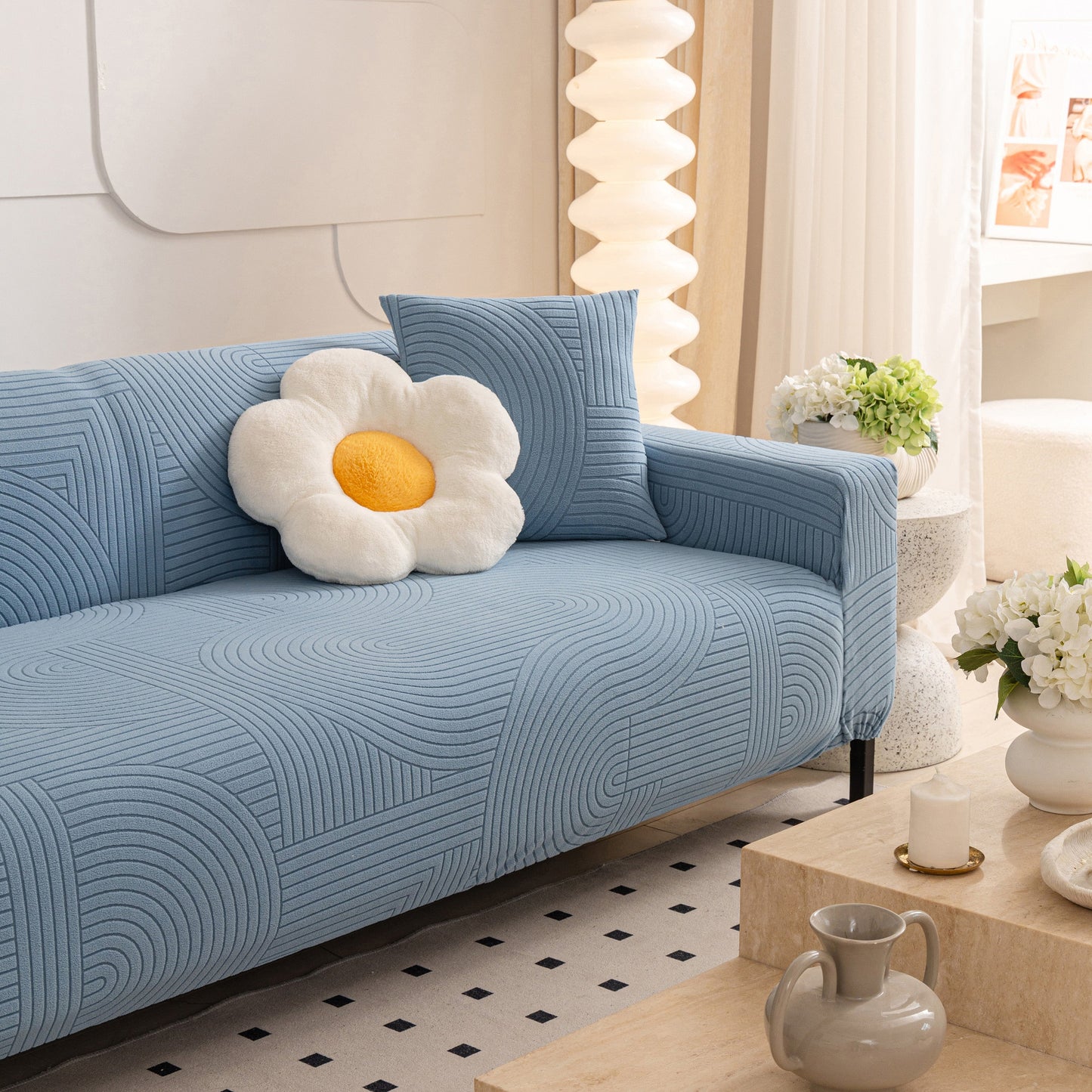 Fleece Stretch Sofa Slipcover Washable Soft Spandex Couch Cover Furniture Protector in geometric wave pattern on blue sofa