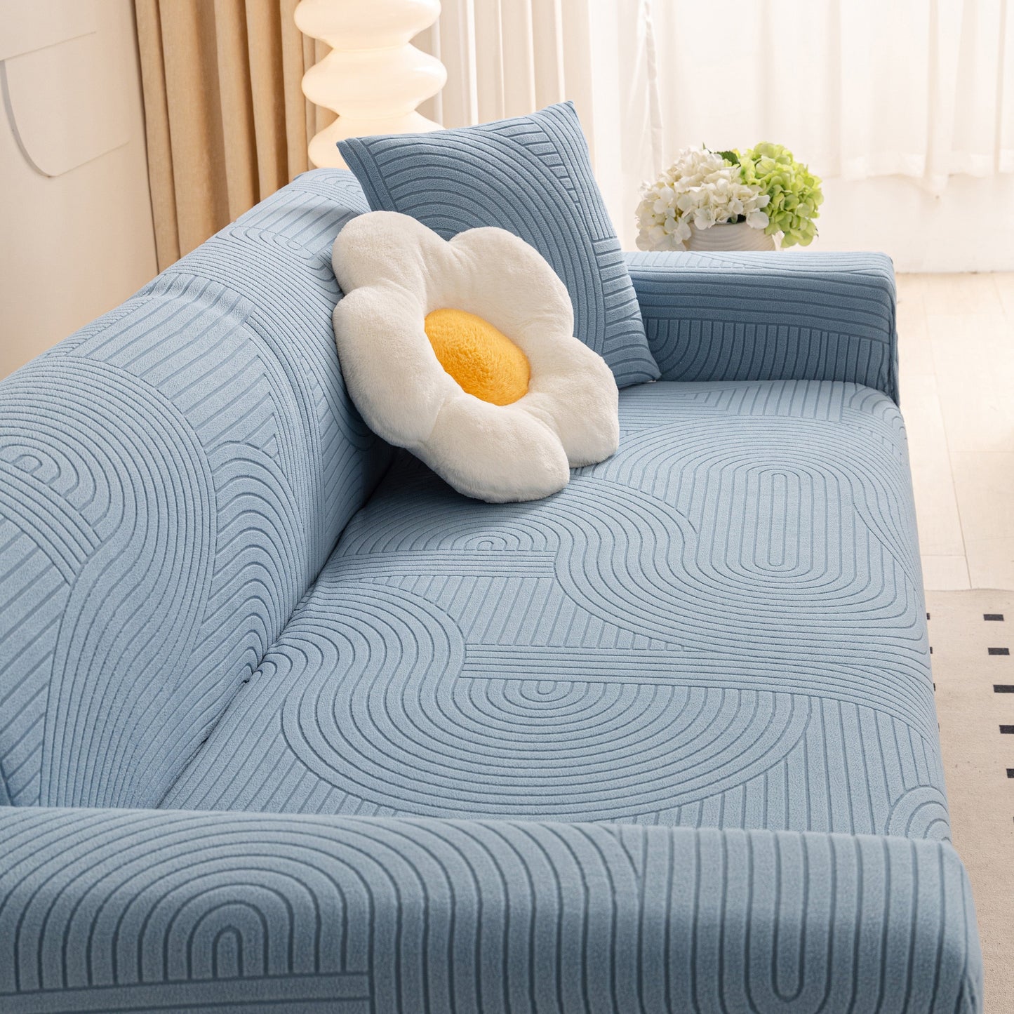 Fleece Stretch Sofa Slipcover Washable Soft Spandex Couch Cover Furniture Protector with geometric pattern on blue sofa
