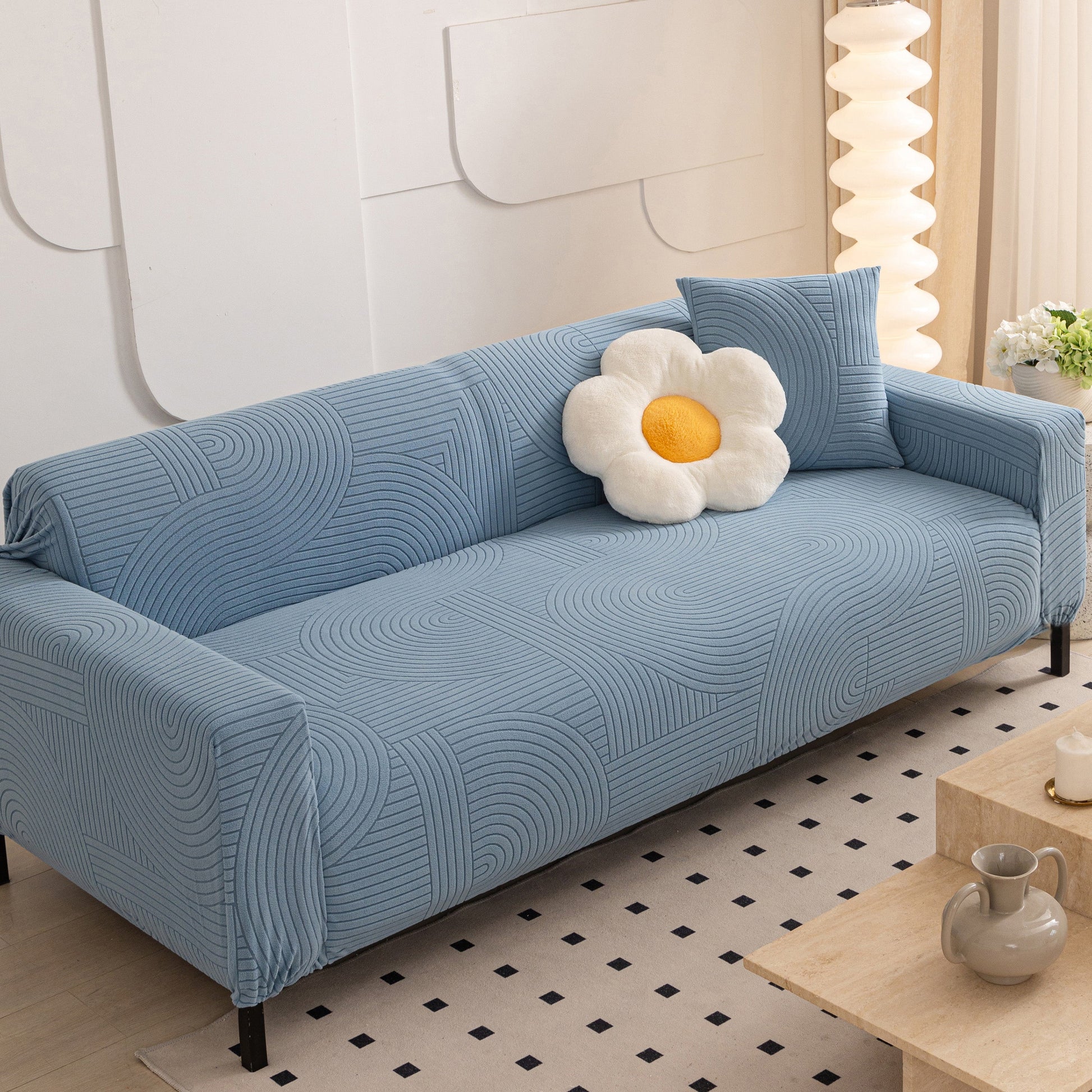Fleece Stretch Sofa Slipcover Washable Soft Spandex Couch Cover Furniture Protector with geometric wave pattern in living room.