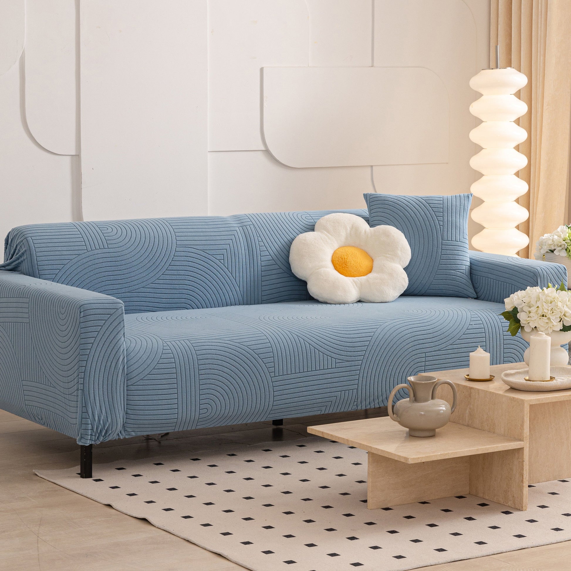 Fleece Stretch Sofa Slipcover Washable Soft Spandex Couch Cover Furniture Protector with modern geometric wave pattern in living room