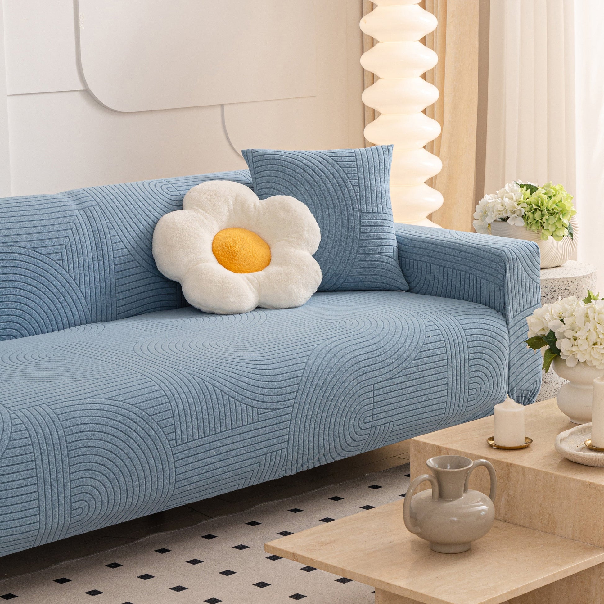 Fleece Stretch Sofa Slipcover Washable Soft Spandex Couch Cover Furniture Protector on blue sofa with geometric pattern.