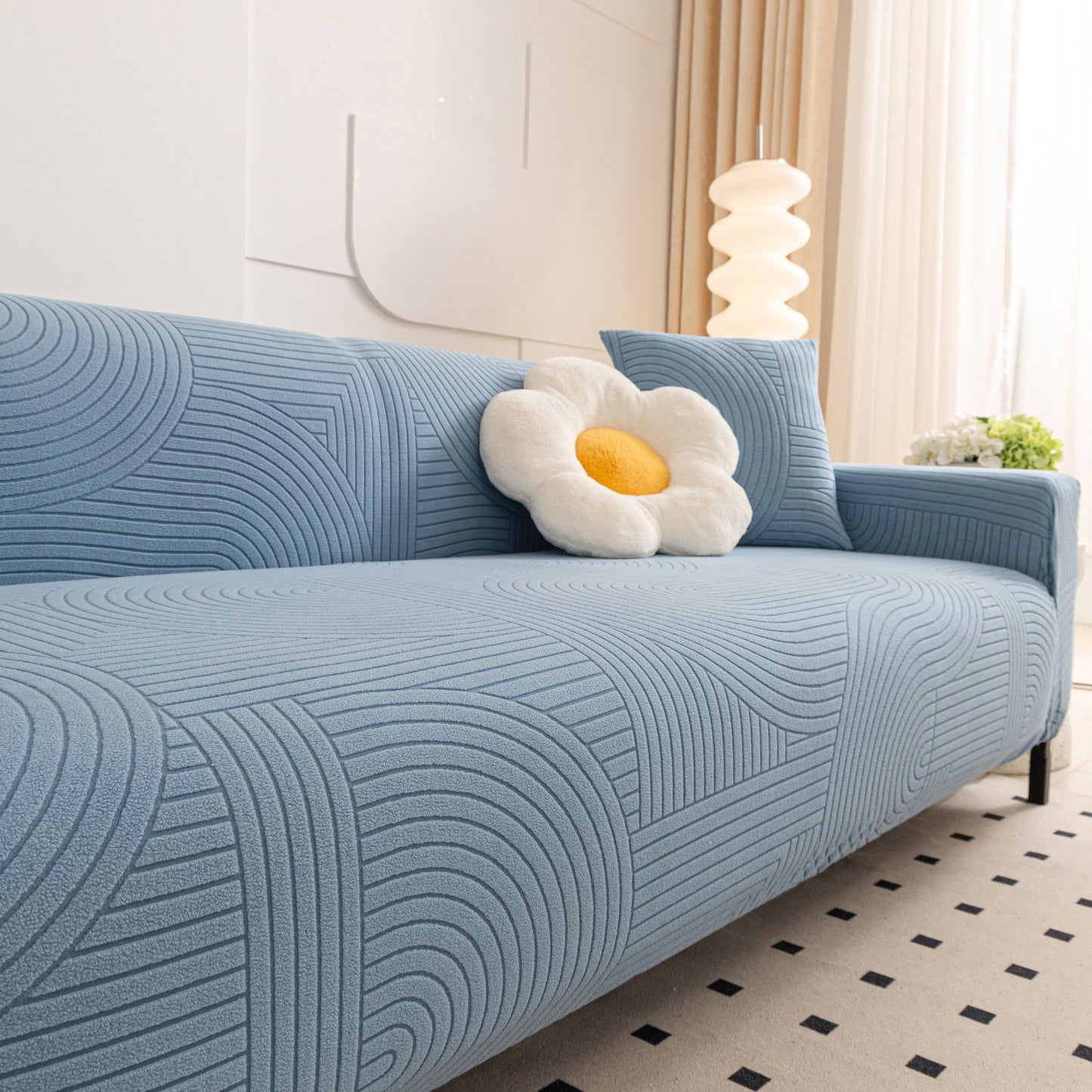 Fleece Stretch Sofa Slipcover Washable Soft Spandex Couch Cover Furniture Protector with geometric wave design in living room.