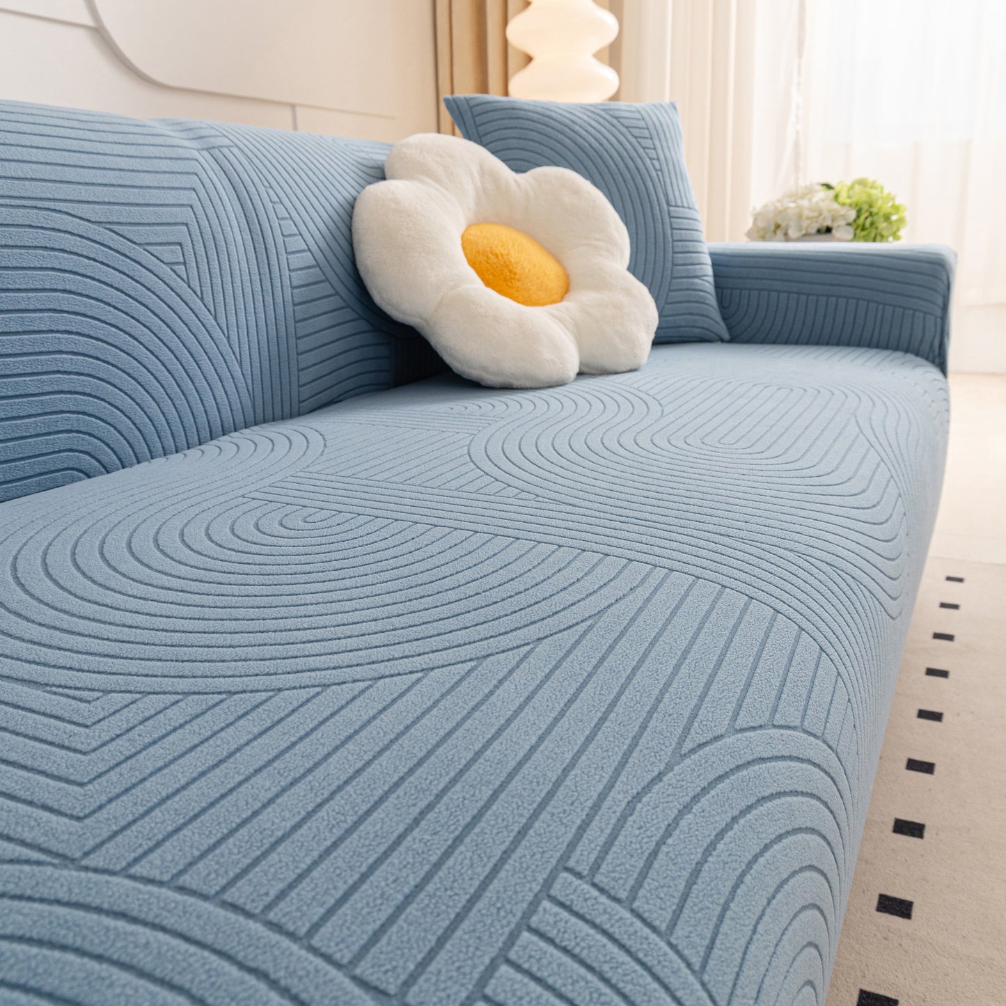 Blue sofa with Fleece Stretch Sofa Slipcover Washable Soft Spandex Couch Cover Furniture Protector and geometric pattern
