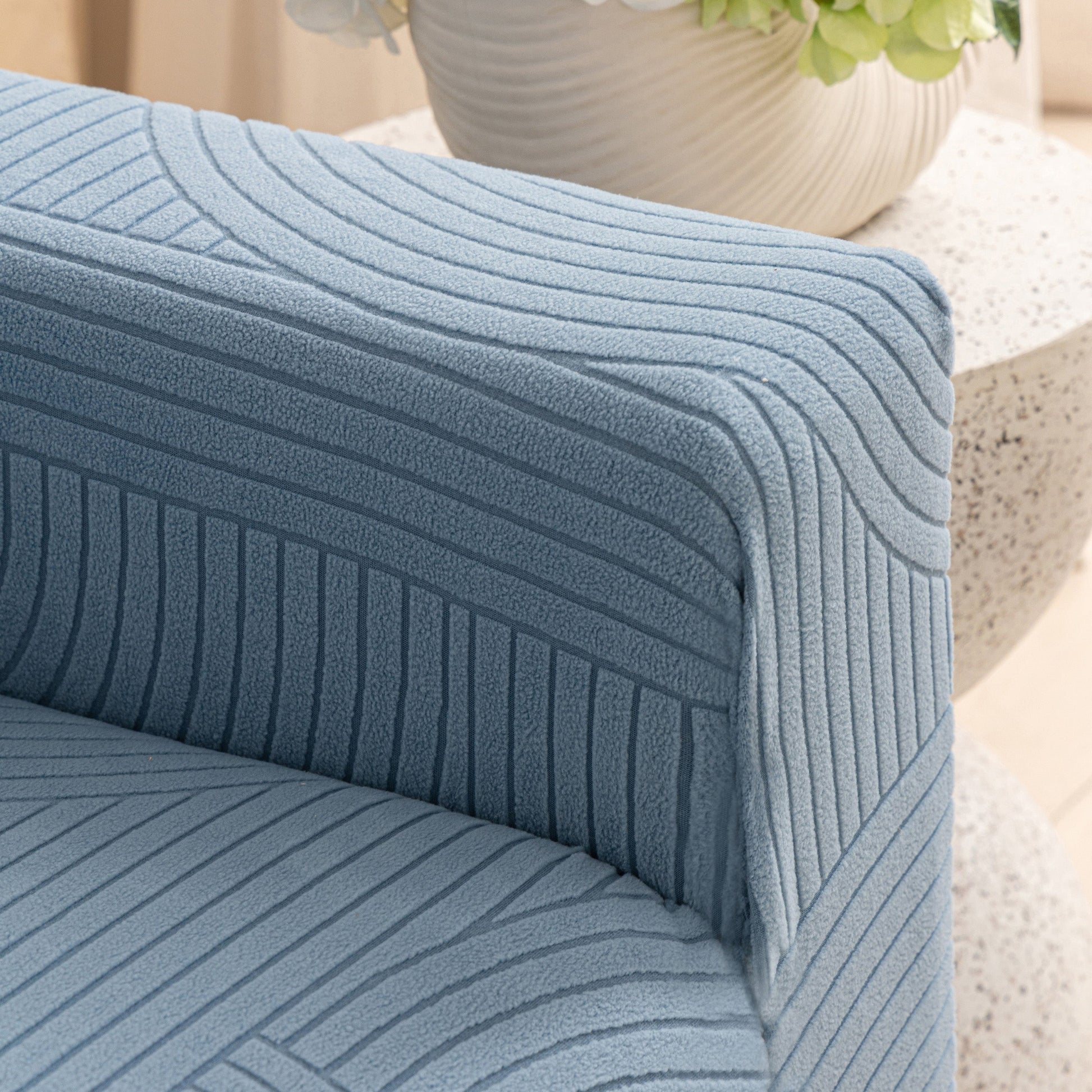Close-up of Fleece Stretch Sofa Slipcover Washable Soft Spandex Couch Cover Furniture Protector in geometric wave pattern