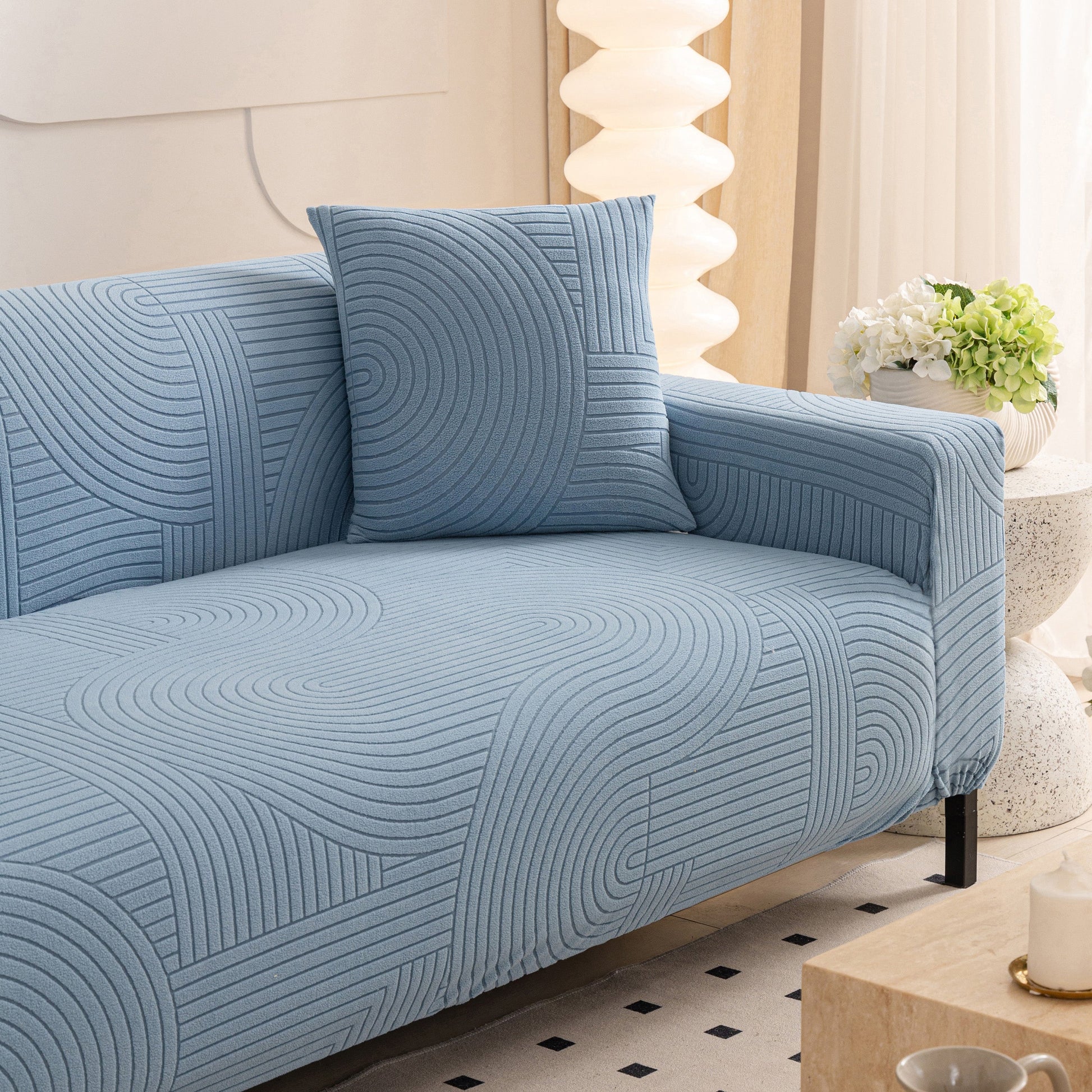 Fleece Stretch Sofa Slipcover Washable Soft Spandex Couch Cover Furniture Protector in geometric wave pattern on blue sofa