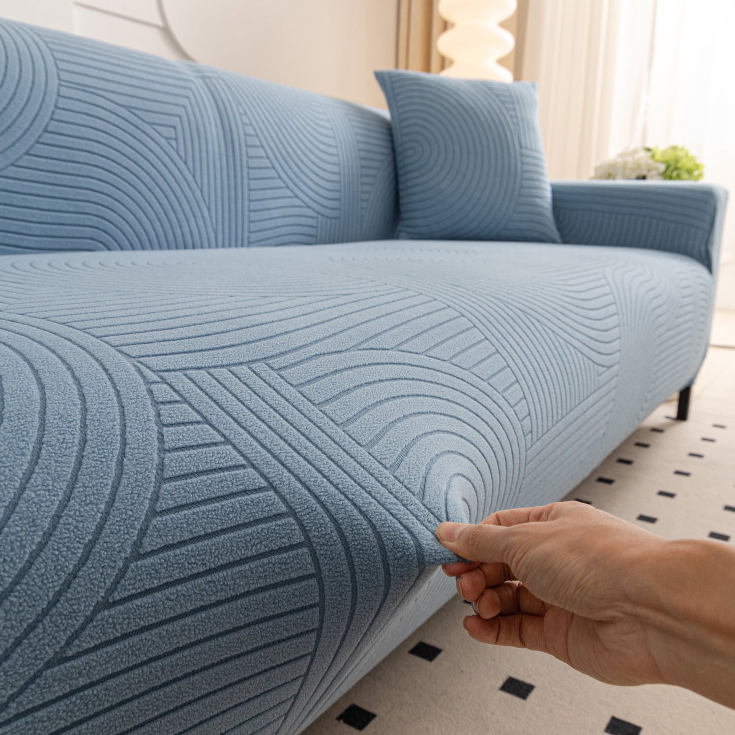 Fleece Stretch Sofa Slipcover Washable Soft Spandex Couch Cover Furniture Protector in blue geometric wave pattern, snug fit