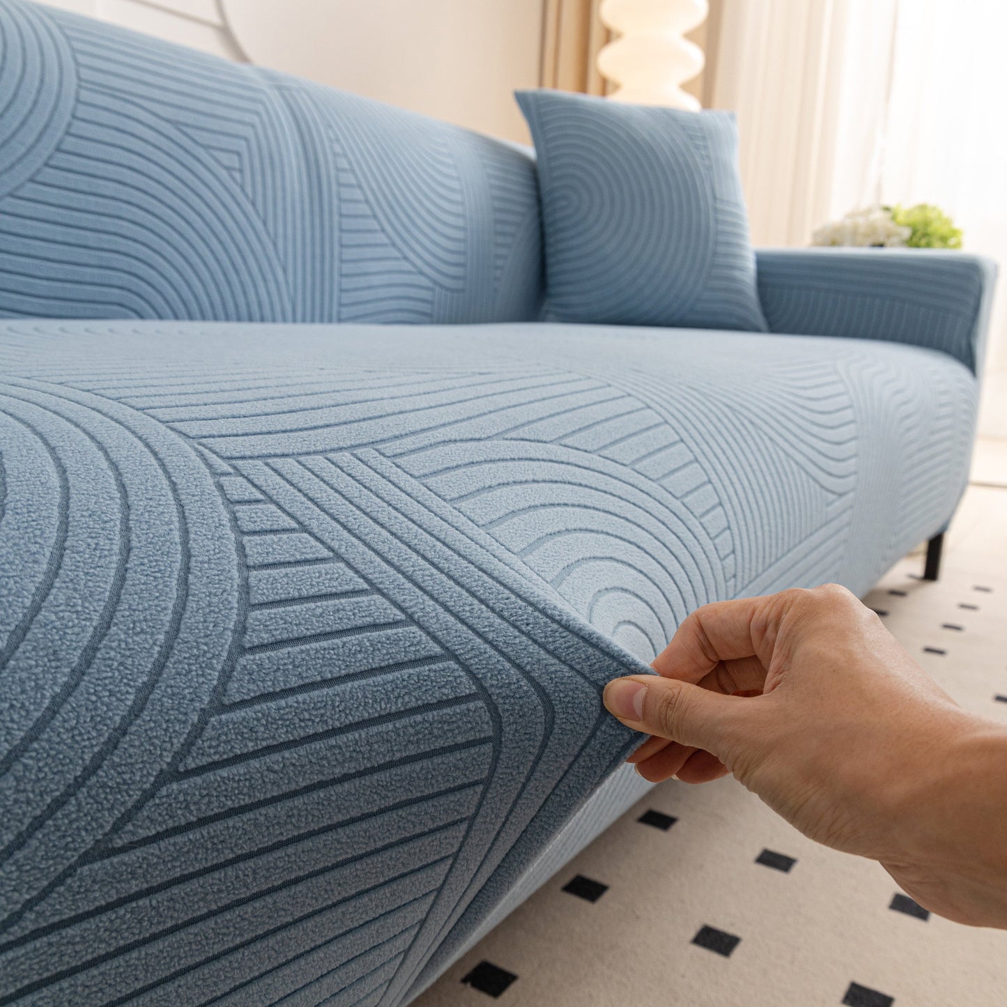 Fleece Stretch Sofa Slipcover Washable Soft Spandex Couch Cover Furniture Protector with modern geometric wave pattern in blue