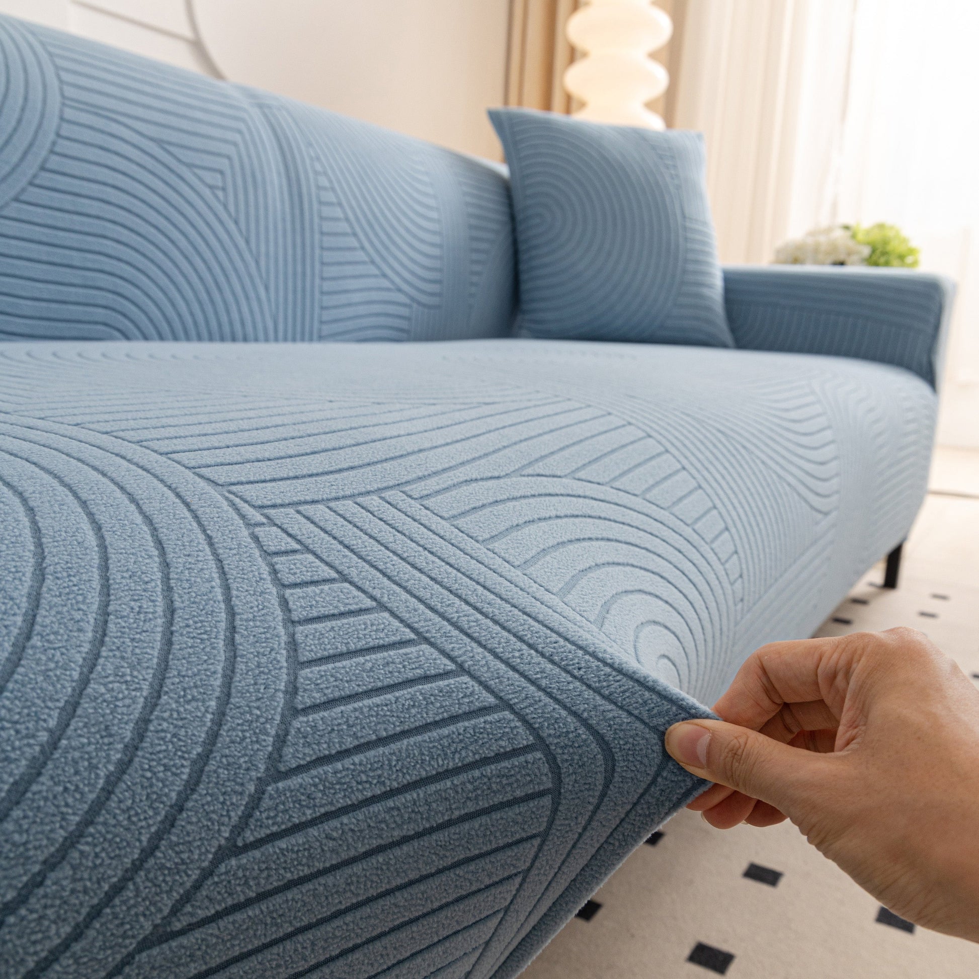 Fleece Stretch Sofa Slipcover Washable Soft Spandex Couch Cover Furniture Protector in modern geometric wave pattern