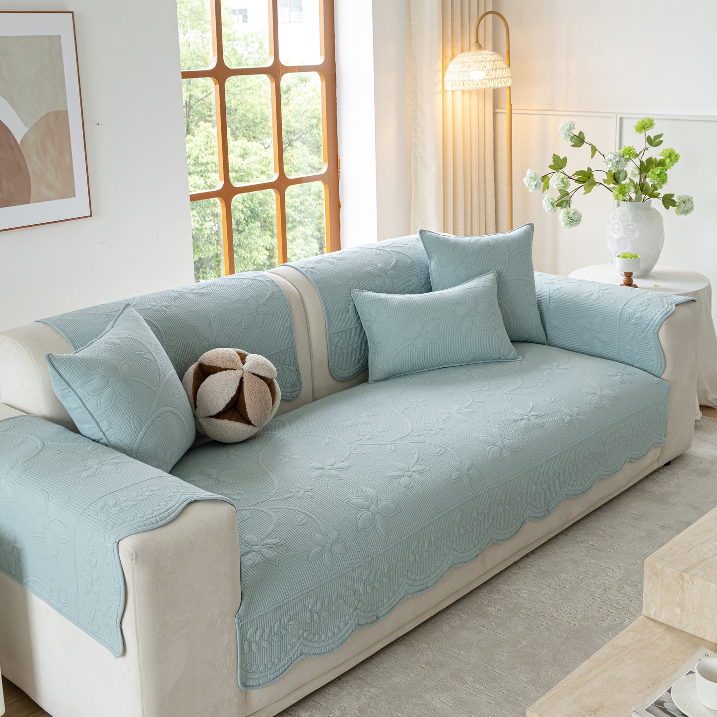 Floral Cotton Quilted Sofa Cover, Non-Slip Couch Protector with Scalloped Edges, blue sofa cover with floral embroidery in living room