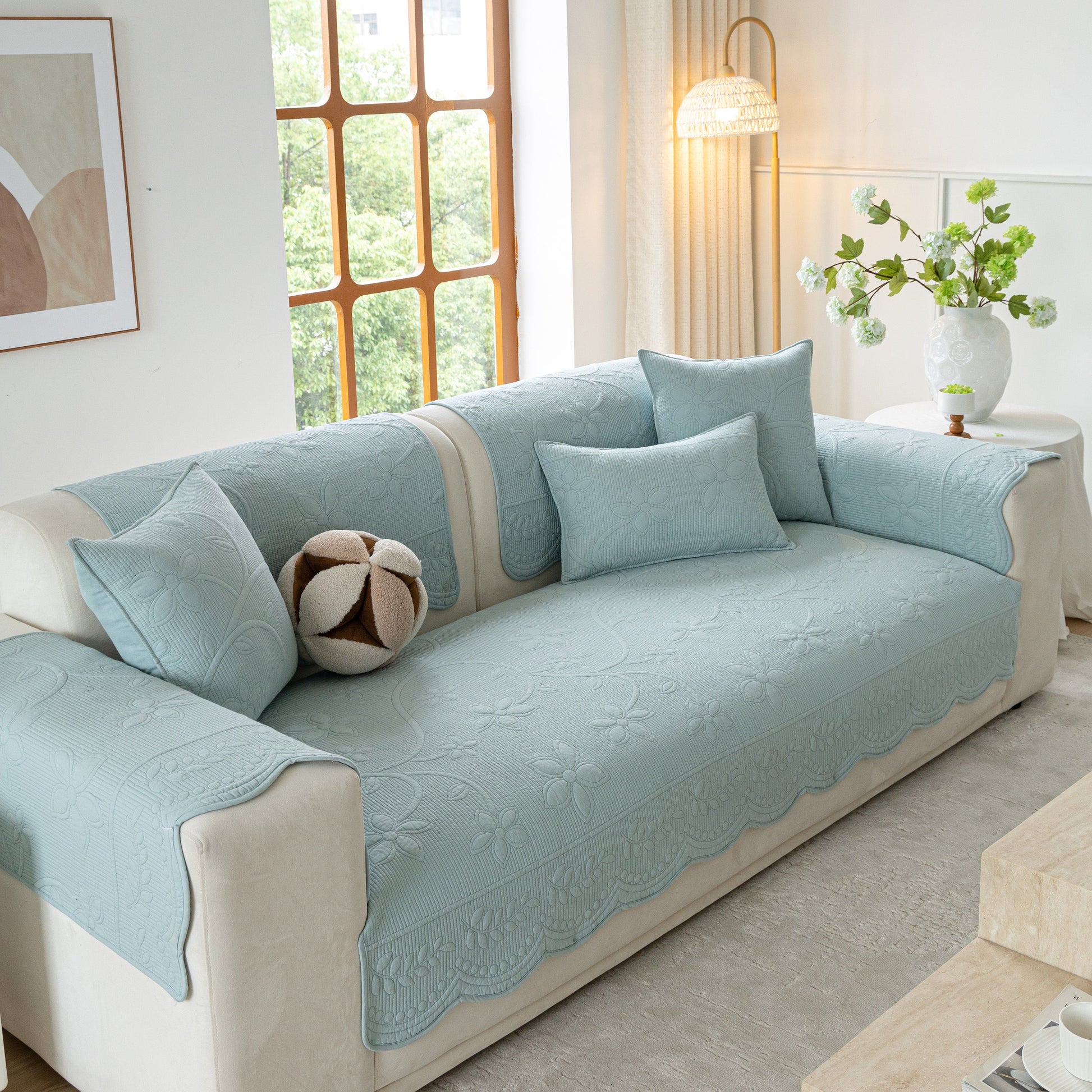 Floral Cotton Quilted Sofa Cover, Non-Slip Couch Protector with Scalloped Edges, blue sofa cover with floral embroidery in living room