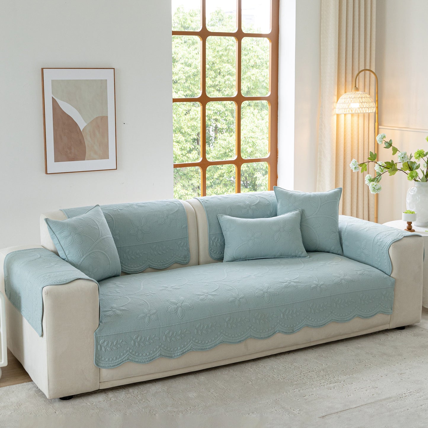 Floral Cotton Quilted Sofa Cover, Non-Slip Couch Protector with Scalloped Edges in elegant living room setting
