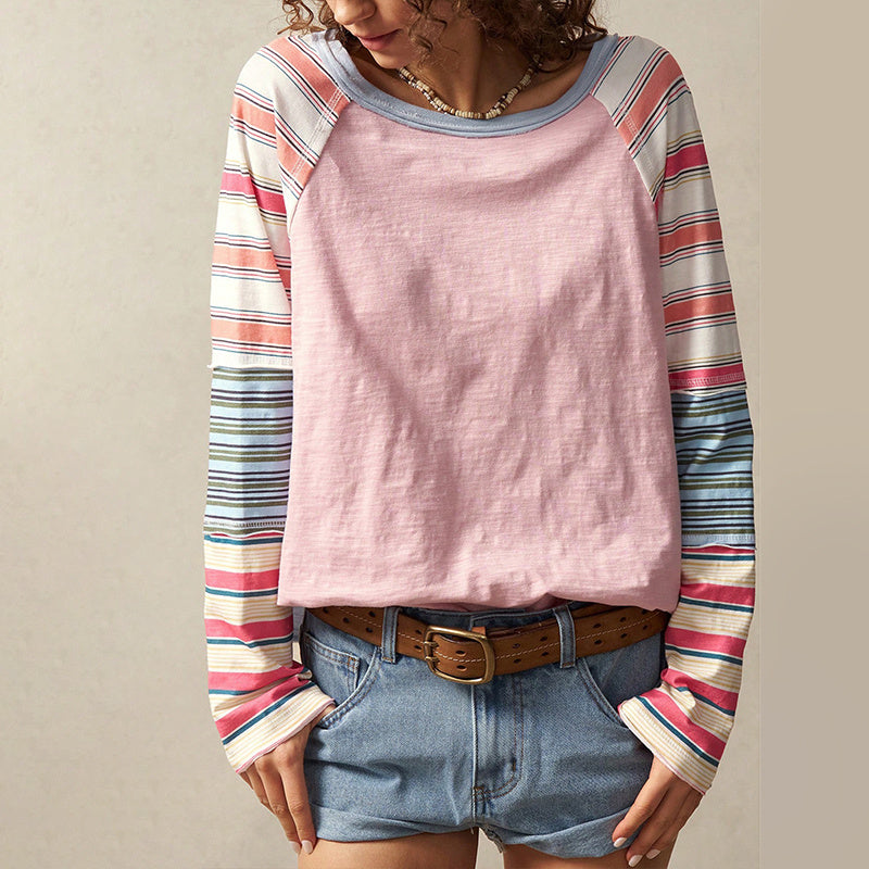 Women's Striped Long Sleeve Top Round Neck Pullover