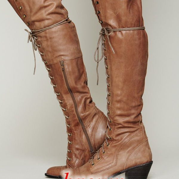 Women’s Over-the-Knee Boots – Round Toe Stylish Tall Winter Boots, featuring lace-up detailing and leather design