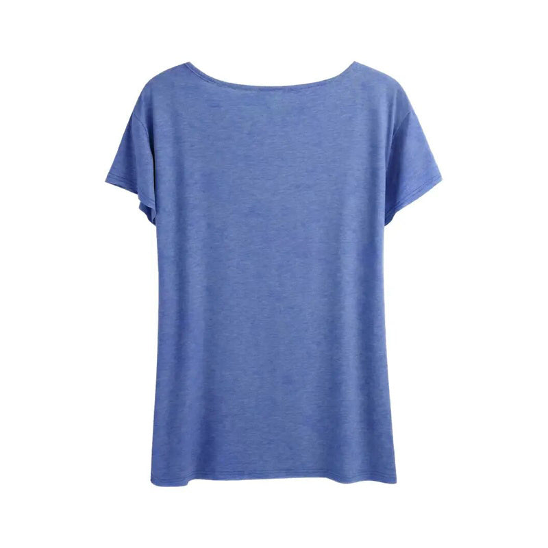 Back view of Heart Print T-Shirt Comfortable Round Neck Summer Tee in blue.