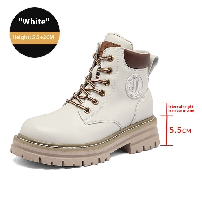 White Women’s Genuine Leather Martin Boots with thick bottom elevator sole for added height and comfort.