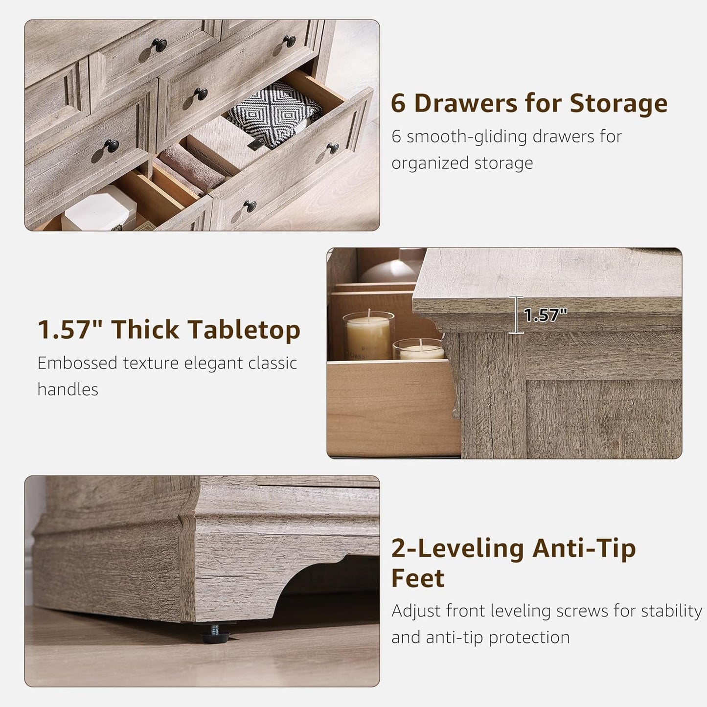 Details of Dresser Cabinet FiftyFourInch Wide Distressed Oak Finish with 6 drawers, 1.57" thick tabletop, and anti-tip leveling feet.