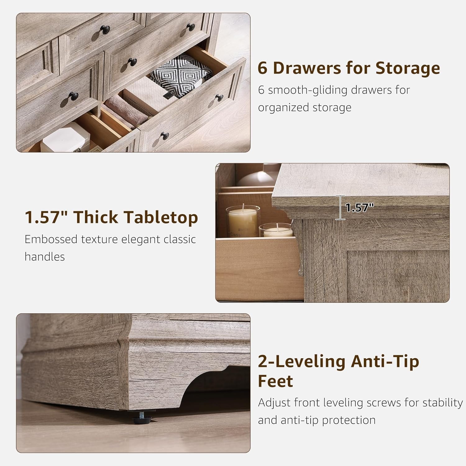 Details of Dresser Cabinet FiftyFourInch Wide Distressed Oak Finish with 6 drawers, 1.57" thick tabletop, and anti-tip leveling feet.