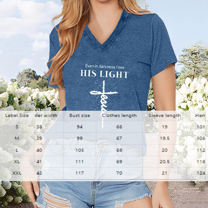 Women's V-Neck T-Shirt Geometric Cross Casual Summer Short Sleeve Top with size chart overlay