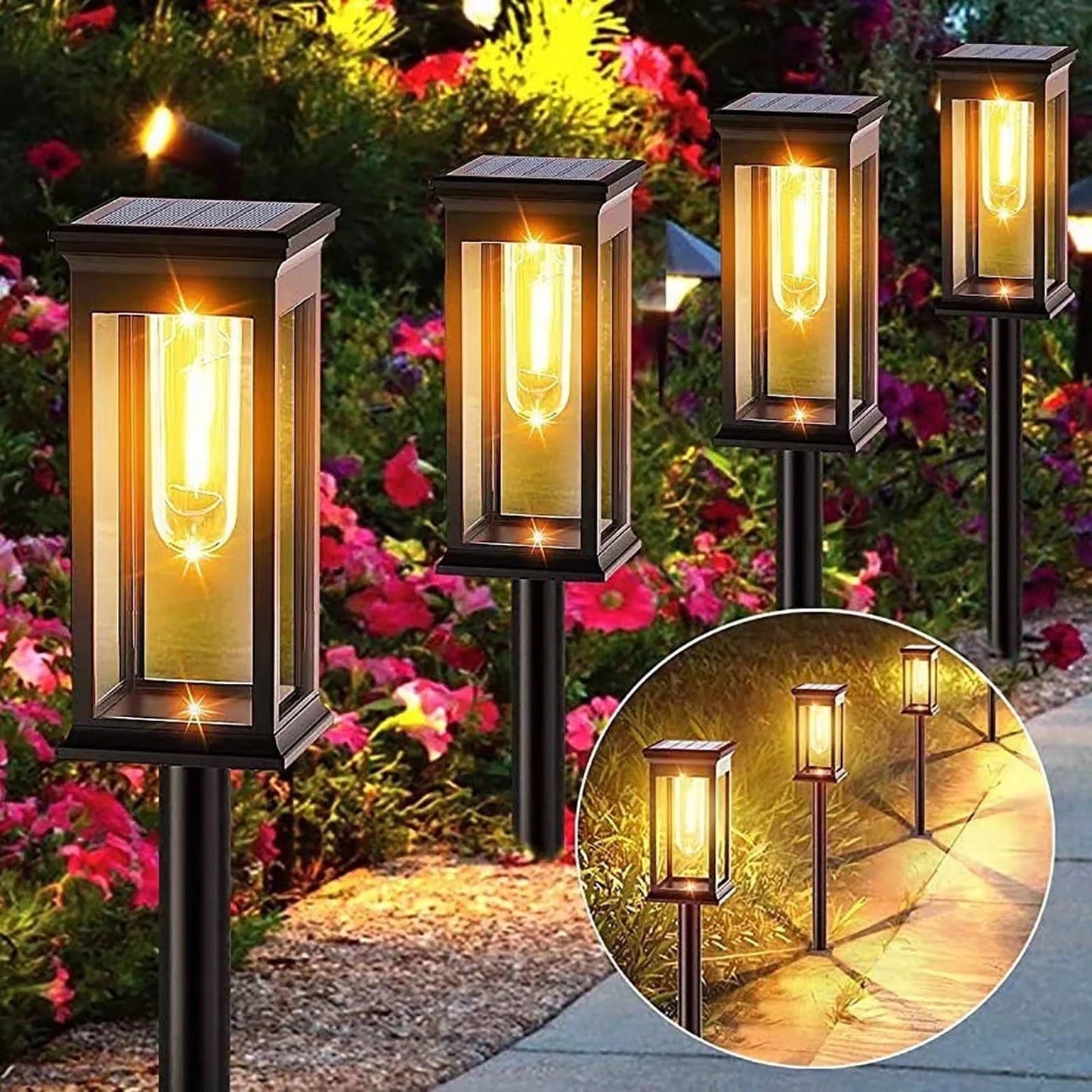 ☀️ Kidsjoy Solar Pathway Lights – 6 Pack illuminating a garden path with warm white LED glow.