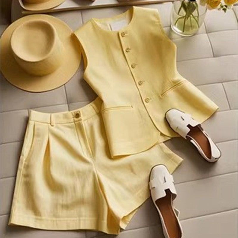 Lemon yellow Suit Vest Suit Women's Cotton And Linen with princess sleeves and shorts in S, M, L, XL, styled with white shoes.