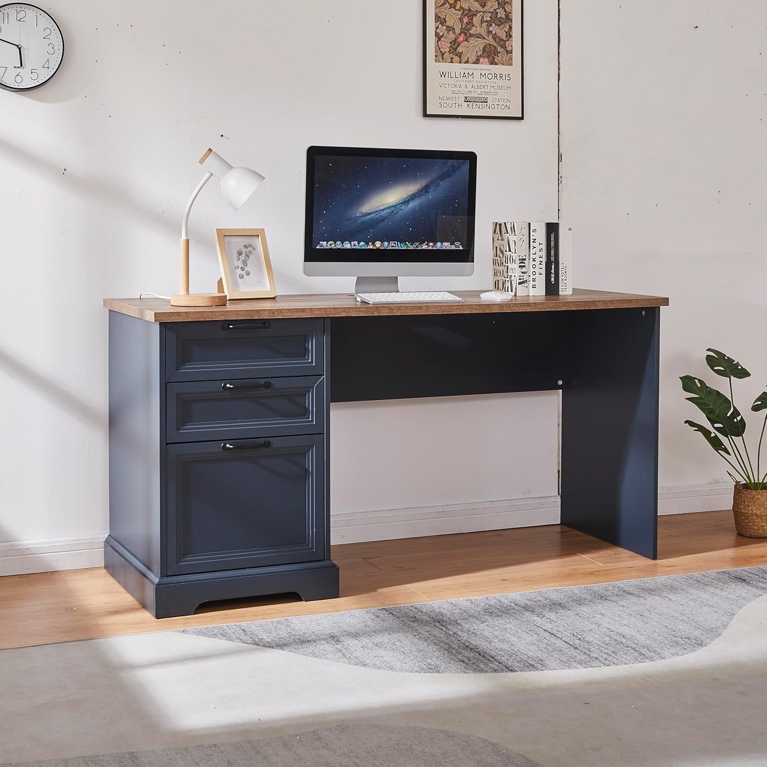 Blue Farmhouse Executive Desk With Charging Station in a home office setting, featuring distressed wood finish and soft white accents.