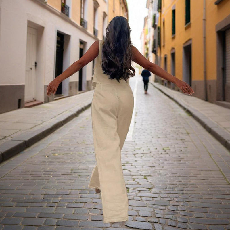 Women’s V‑Neck Button‑Front Vest & High‑Waist Pants Set