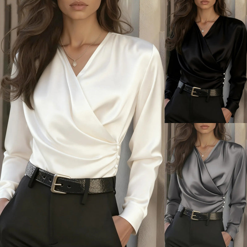 Women's Elegant Cross V-Neck Blouse, Ruffle Detail Button Accent Office Shirt in white, black, and gray showcased on models.