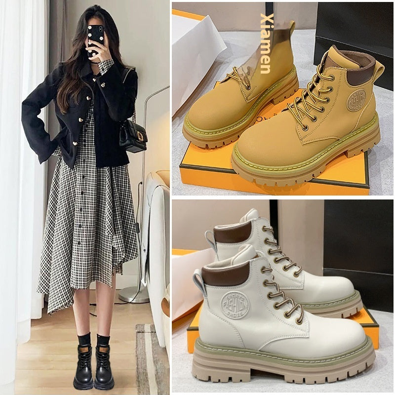 Women’s Genuine Leather Martin Boots showcased in stylish outfits, highlighting thick bottom elevator sole and premium leather design.